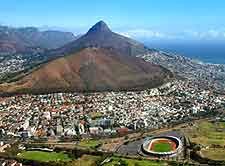 Aerial city view, showing Table Mountain and the Green Point Stadium