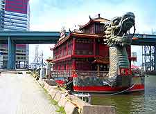 Picture showing waterfront Chinese restaurant boat