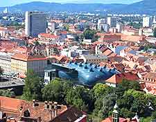 Skyline view of Graz, showing the Kunsthaus