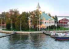 View of harbourfront restaurant in the city