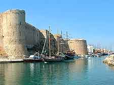 Close-up image of Kyrenia Castle, reflecting in the water