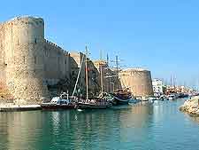 Close-up image of Kyrenia Castle, reflecting in the water