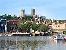 Waterfront photograph, showing the towering cathedral towers