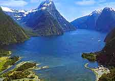 Aerial view of the lake and mountains around Milford Sound