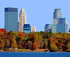Photograph over Lake Harriet with view of Minneapolis skyline