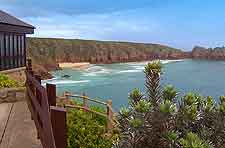 Scenic view of Porthcurno Beach from Minack Theatre cafe