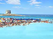 Picture of crowds sunbathing on Spiaggia della Pelosa Beach, near Stintino, Sardinia