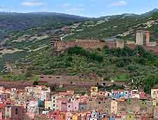 Photograph showing the elevated Castello di Serravalle (Serravalle Castle) in Bosa