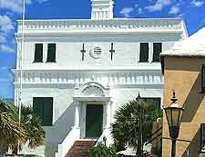 Image of the white-washed Old State House, a popular tourist attraction in St. George's