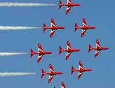 Close-up picture of the Red Arrows performing at the Airshow