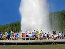 Picture of tourists watching the Old Faithful geyser