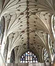 View of the breathtaking interior and ceiling of Winchester Cathedral