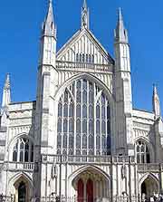 Close-up view of the entrance and windows of Winchester Cathedral